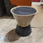 Sculpted Hourglass Sofa Side Table with Dark Stone Top Textured Two-Tone Body and Studded Stainless Steel Band